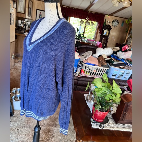 Vintage 1991 Jantzen Knit Navy Blue striped Mens Made In USA Pullover Cardigan. - Picture 15 of 16